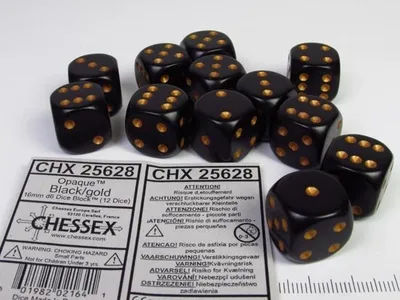 Obrázek produktu pro Chessex - neprůhledná černo-zlatá sada kostek D6 16 mm (12 kusů)