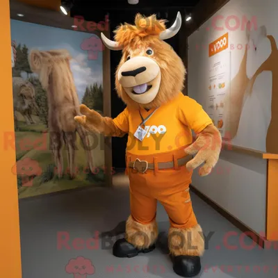 Produktbild von Orange REDBROKOLY Yak Maskottchen Kostüm Charakter gekleidet in einem Chino und Broschen