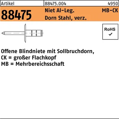 Produktbild von Gesipa PolyGrip Mehrbereichsschaft-Blindniete Alu/Stahl verzinkt K 9,5 3,2 x 11 S 1000 Stk