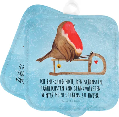Produktbild von Mr. & Mrs. Panda Topfuntersetzer Rotkehlchen Schlitten - Eisblau - Geschenk, Weihnachten, Topflappen, Ofenlappen, Set, Kochlappen, Vogel, topfhalter