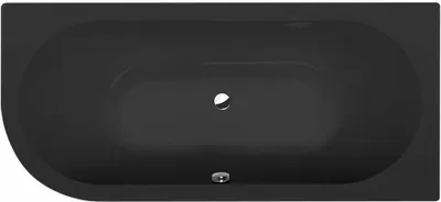 A top-down view of a black bathtub.