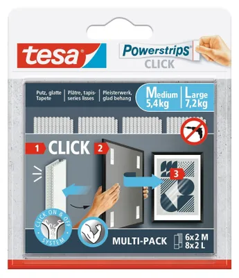 Produktbild von TESA Powerstrips CLICK M + L, Montagepad, Weiß, Drinnen, 7,2 kg