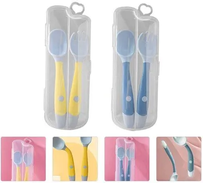Productafbeelding van Siliconen babybestekset met vork en lepel met draaibare handgreep, set kinderpapieren servetten