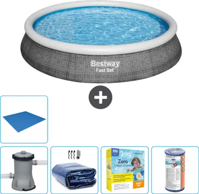 Immagine prodotto di Piscina gonfiabile rotonda Bestway a presa rapida - stampa rattan - 396 x 84 cm - incluso telo pompa - pacchetto manutenzione - filtro - telo di protezione