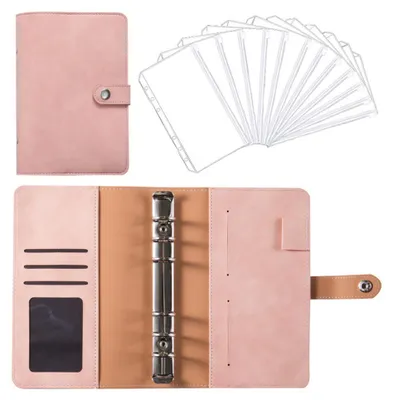 Produktbild von Ringbuchdeckel mit 12 Ringbuchtaschen, Budgetplaner Organizer aus Leder, 6-Loch Mappe mit Schnallenverschluss für Reisepass Tickets Geldscheine 193x125mm