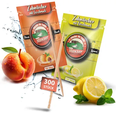 Produktbild von Stoxser 300x Zahnstocher mit Geschmack 2er Pack Pfirsich und Zitrone / Lemon Geschmacksrevolution Zahnstocher Geschmack Kein Kaugummi