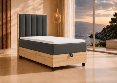 Produktbild von Trinity K-1 Einzelbett 100x200 Graphit| Boxspringbett mit Bettkasten | Bonellfederkern & Topper | Polsterbett mit Kopfteil|Lieferung Bordsteinkante