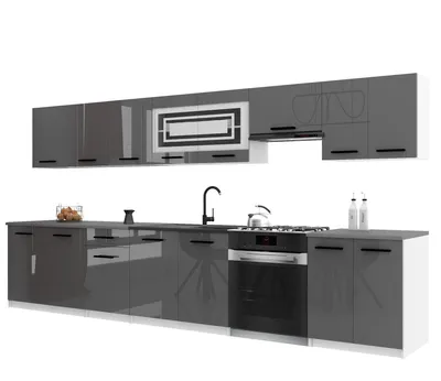 Produktbild von Belini Moderne Küchenzeile Küchenblock ITALIA 3 - Küchenmöbel 320cm Grau Hochglanz - Einbauküche mit Hängeschränke, Unterschränke & Arbeitsplatten