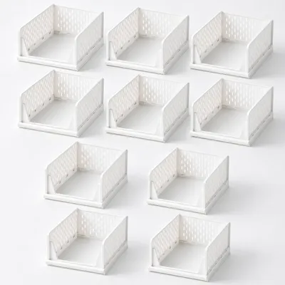 Produktbild von Deuline 10 x Schrank-Organizer klappbar, Kleiderschrank-Organizer stapelbar, ausziehbarer Korb, Aufbewahrung und Organisation, Kunststoff, Weiß 521161