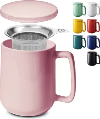 Produktbild von Teetasse mit Sieb und Deckel - Keramik Rosa - Hält Lange warm - 500ml XXL Groß - Spülmaschinenfest