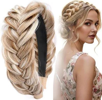 Produktbild von Geflochtenes Haarband – Damen-Haarband mit Kunsthaar – 13,5 x 14,5 cm, 5 cm breit – Fischgrätenzopf – Geflochtenes Band – Haarband – Gold