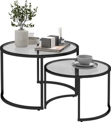 Productafbeelding van Salontafel, set van 2, bijzettafel met zwart stalen frame, salontafel, koffietafel met tafelblad van gehard glas, gedeeltelijk stapelbaar