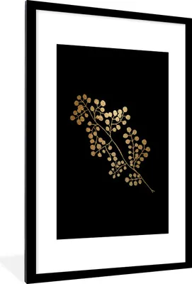 Produktbild von MuchoWow® MuchoWow® Gerahmtes Poster Gold - Blätter - Zweig 60x90 cm - Poster mit zchwarzem Bilderrahmen - Dekoration - Wandposter Wohnzimmer - Hochwertig