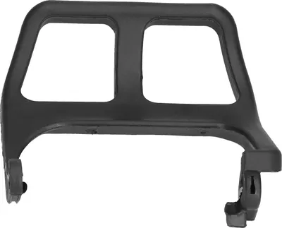 A black chainsaw brake guard is shown against a white background.