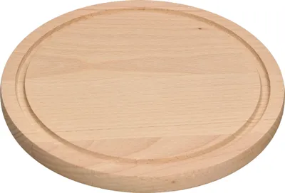 A round wooden cutting board with a groove around the edge, shown from a slightly elevated angle against a white background.