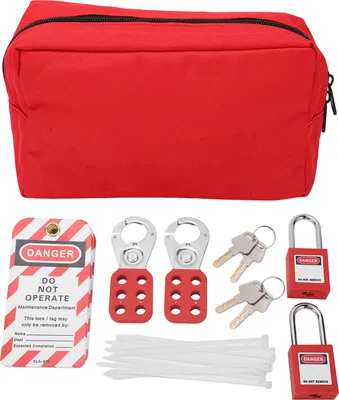 Productafbeelding van Lockout-Tagout-set, elektrisch LOTO-set met hangsloten, beugels, LOTO-labels, sleutels en een tas voor veiligheidsuitrusting