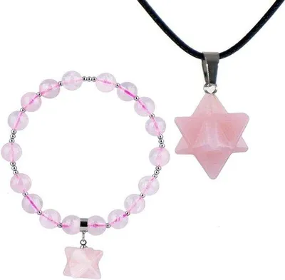Immagine prodotto di Set di cristalli energetici - Protezione del cuore - Rosa - Collana - Bracciale - Cuoio - Esagramma - Quarzo rosa - Merkaba - Set energetico e protettivo con cordoncino in cuoio e perline naturali - Ideale per il lavoro energetico e la protezione - Il set include un ciondolo e un bracciale