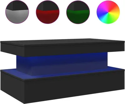 A black coffee table with blue LED lighting displayed in front of a white background, with four circular swatches above showing different color options.