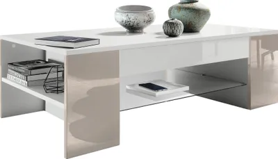 Produktbild von Vladon Couchtisch Clip,  Germany, Wohnzimmertisch mit 2 Seitenfächern und 1 Glasplatte, Weiß matt/ Sandgrau Hochglanz (118 x 37 x 60 cm)