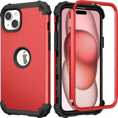 Produktbild von iPhone 15 Hülle, 3 in 1 Hybrid PC TPU Stossfest Robust Schutzhülle für iPhone 15 Rot