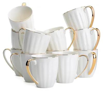 Produktbild von Weiße Kaffeetassen mit Goldrand, 340 ml, Porzellan, 12 Stück