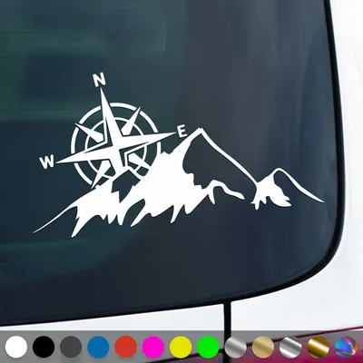 Produktbild von PantherPixel Kompass Berge Aufkleber Windrose Reisen Camping Sticker Auto Geschenkidee Farbe Weiss