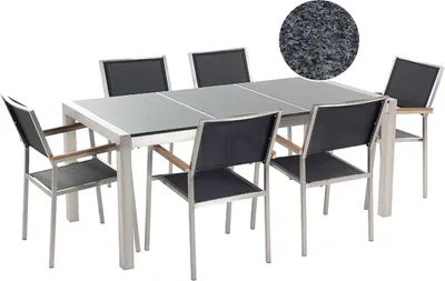 Produktbild von BELIANI Gartenmöbel Set Grau Schwarz Granit Edelstahl Tisch 180 cm mit 3 Platten Poliert 6 Stühle Terrasse Outdoor Modern