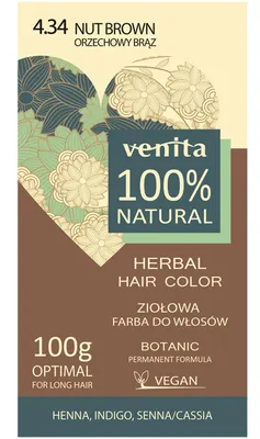 Obrázek produktu pro Venita Bylinná Barva na Vlasy - Ořechově Hnědá, 100g. Dlouhotrvající barva vyrobená z 100% přírodních bylinných extraktů. Šetrné zbarvení s vynikajícím výsledkem.
