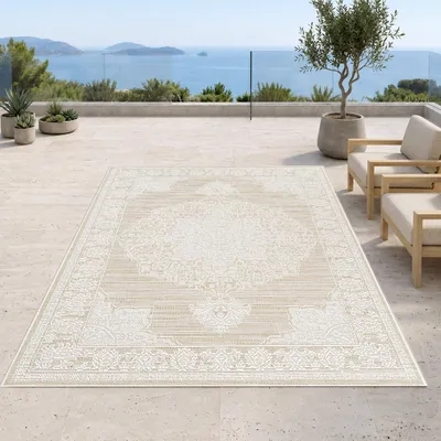 Produktbild von Teppich Beige Creme mit Vintage Ornament für Innen und Außen Größe - 160 x 230 cm