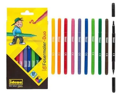 Obrázok produktu pre Idena 10040 - Duo perá s vláknovým hrotom, 10 kusov v kartónovej škatuli, s tenkým a hrubým hrotom, intenzívne farby, zmývateľné, na kreslenie a maľovanie v škôlke, škole a vo voľnom čase