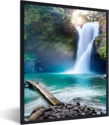 Produktbild von MuchoWow® Gerahmtes Poster Wasserfall - Steine - Landschaft - Pflanzen - Wasser 30x40 cm - Poster mit Schwarzem Bilderrahmen Wandposter Rahmen Foto Bilder - Wanddeko - Kunstdrucke