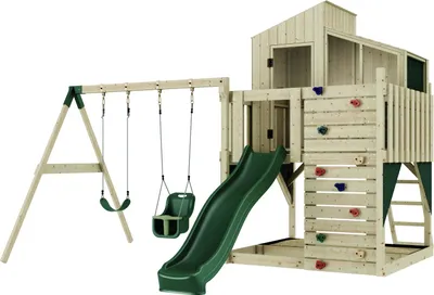 Produktbild von OutdoorToys Spielturm mit Spielhaus mit Wellenrutsche, Outdoor Klettergerüst Garten, Kletterwand und Kletterleiter, Ausführung: Babyschaukel, Farbe: Smaragdgrün Babyschaukel