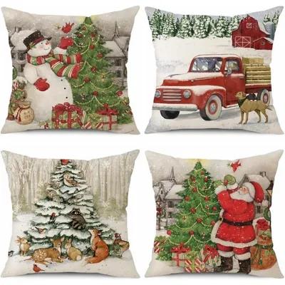 Productafbeelding van Kerstkussenslopen, set van 4, linnen, decoratief sneeuwpopmotief, 50x50 cm