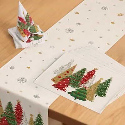 Produktbild von Tischdeko Set Beige mit Tischläufer 40x180 cm, 6 Platzsets, 40 Papierservietten, Weihnachtsbaum & Schneeflocken