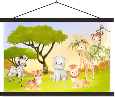 Produktbild von MuchoWow® Textilposter Dschungel - Tiere - Kind 90x60 cm mit schwarzem Rahmen - Aufhängungssatz