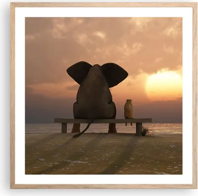 Produktbild von Gerahmtes Poster - Rahmen in heller Eiche - Elefant Ufer Meer - 60x60 cm - Wand Bild - Wanddeko - Wandbilder - Wandposter - Bilderrahmen - Bilder - Kunstdruck - Wandbild - P2NAC60x60-3555