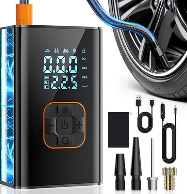 Produktbild von 150 PSI elektrische Reifenpumpe fürs Auto, 2000mah*2 Starthilfe Powerbank, Akku Kompressor mit Display & LED Licht
