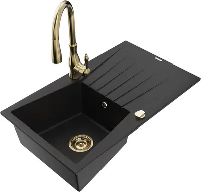 Produktbild von Mexen Cesar 1 Becken-Granitspüle mit Abtropffläche und Mischbatterie Savita, Schwarz - 6514-77-672601-50