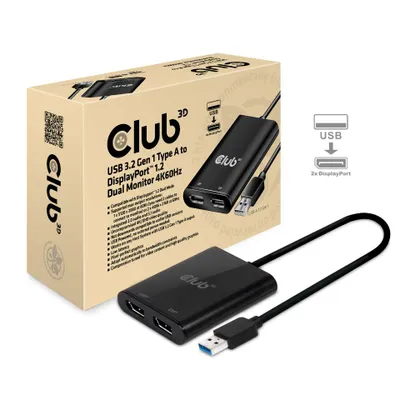 Produktbild von CLUB3D USB3.2 Gen1 Type A to DisplayPort™1.2 Dual Monitor 4K60Hz DisplayLink Video Splitter, 2x DisplayPort, 5120 x 2880 Pixel, Schwarz, 60 Hz, 0,27 m, 1920 x 1080 (HD 1080), 1920 x 1200 (WUXGA), 2560 x 1440, 2560 x 1600 (WQXGA), 3840 x 2160, 4096 x...
