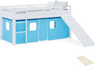 Image de Lit superposé 90x200 cm avec Toboggan Sommier Lit mezzanine en Bois Pin Massif Lit d'enfant Cadre de Lit Rideau Bleu