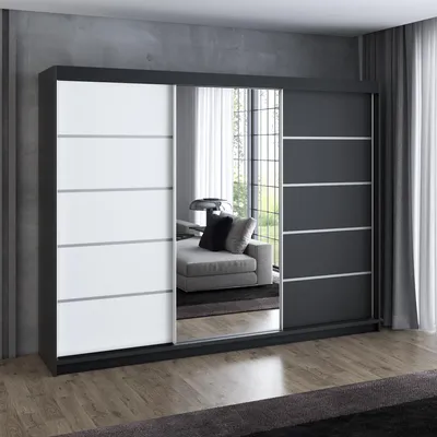 Produktbild von Schwebetürenschrank 200 cm, 3-türig, mit Spiegel & 4 Schubladen, Retro-Stil, Kleiderschrank VILUNO 1   in Schwarz / Weiß / Schwarz