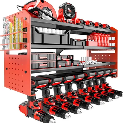 Imagen del producto de Soporte para herramientas metálico, para montaje en pared, con capacidad para 8 taladros, portabrocas y destornilladores, ideal para talleres