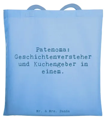 Produktbild von Mr. & Mrs. Panda Shopping Tasche Spruch Patenoma - Sky Blue - Geschenk, Schultasche, Jutebeutel, Wertschätzung, Tragetasche, Geschichten, einzigartige Designs, Kuchen