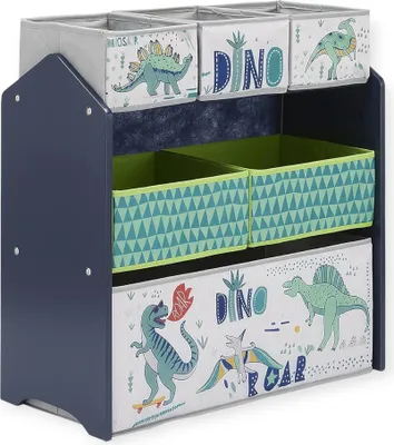 Obrázok produktu pre Detský regál s motívom dinosaurov, regál na hračky s látkovými boxmi, úložný priestor do detskej izby