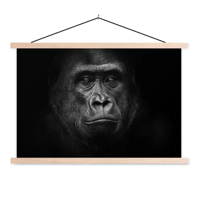 Produktbild von MuchoWow® Textilposter Gorilla - Schwarz - Weiß - Tiere - Porträt 120x80 cm mit holzfarbenen Rahmen - Aufhängeset