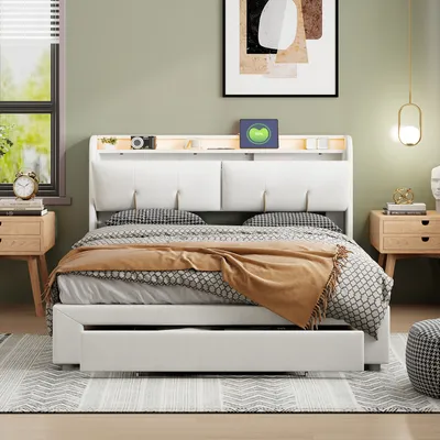 Obrázek produktu pro postel 140 x 200 cm s úložným prostorem, LED osvětlením a nabíjecím portem USB, zásuvky, samet, krémově bílá
