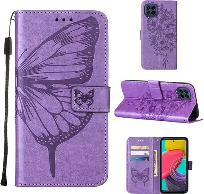 Produktbild von Galaxy M33 5G Hülle, Schmetterling Prägung Flip Leder Kartenfächer Schutzhülle Ledertasche mit Ständer für Samsung Galaxy M33 5G Violett