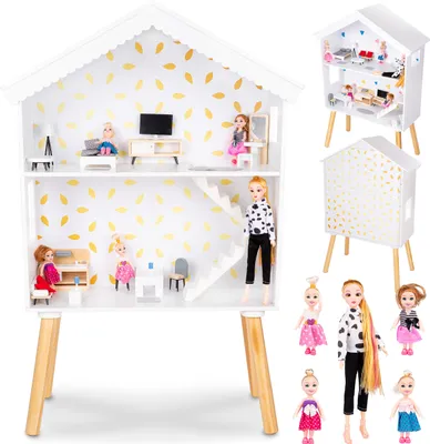 Obrázek produktu pro Kinderplay domeček pro panenky dřevěný velký, vila pro panenky, domeček pro panenky dřevěný velký kompletní - vila snů Barbie, domeček pro panenky Barbie, Led - světlo a příslušenství, set 90 cm vysoký s terasou, garáží, (GS0024)