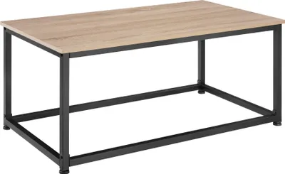 A rectangular coffee table with a light brown wood-grain top and a black metal frame, shown from a slightly elevated diagonal angle.