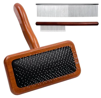 Immagine prodotto di Spazzola per cani, spazzola per gatti, set 3-in-1, legno e acciaio inossidabile, adatta a pelo corto e lungo